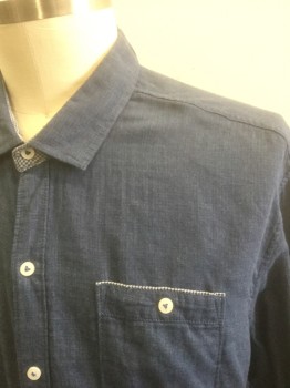 TOMMY BAHAMA, Navy Blue, Cotton, Solid, Gauze, Long Sleeve Button Front, Collar Attached, Navy/White Gingham Edging/Trim, 1 Patch Pocket with Button Closure