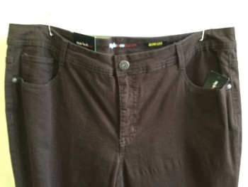 Womens, Casual Pants, STYLE  & CO, Dk Brown, Cotton, Spandex, Solid, 18, 1.5 Waistband with Belt Hoops, Jean Cut, 5 Pockets, Zip Front,