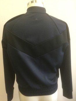 Mens, Sweatsuit Jacket, RAG & BONE, Navy Blue, Black, Poly/Cotton, Color Blocking, Chevron, L, Dark Navy Stretchy Material, Black Chevron Shaped Panel Across Chest, Zip Front, 2 Zip Pockets