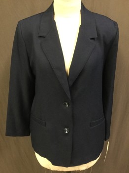 Womens, Blazer, ALFRED DUNNER, Navy Blue, Polyester, Solid, 14, Single Breasted, 2 Buttons,  Notched Lapel, 2 Pockets, Unlined, Little Structure