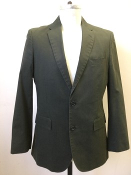 BROOKS BROTHERS, Dk Green, Cotton, Solid, Single Breasted, Collar Attached, Notched Lapel, Hand Picked Collar/Lapel, 3 Pockets,