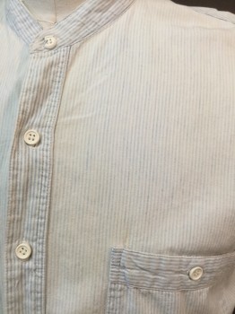 LEVI'S, White, Baby Blue, Cotton, Polyester, Stripes - Vertical , White with Baby Blue Vertical Stripes, Stand Collar Attached, Button Front, 2 Pockets, Long Sleeves, (1st Button--chipped)