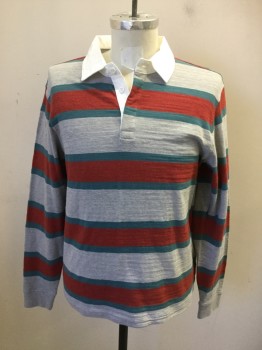 PATAGONIA, Gray, Brick Red, Teal Green, Cotton, Stripes - Vertical , Jersey Knit, Long Sleeves, White Woven Collar Attached, Hidden Placket, Ribbed Knit Cuff, Triple,