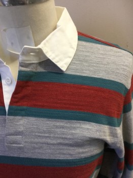 PATAGONIA, Gray, Brick Red, Teal Green, Cotton, Stripes - Vertical , Jersey Knit, Long Sleeves, White Woven Collar Attached, Hidden Placket, Ribbed Knit Cuff, Triple,