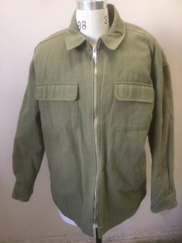 Mens, Casual Jacket, ZARA, Olive Green, Cotton, Polyester, Solid, M, Heavy Canvas, Zip Front, Collar Attached, 4 Pockets, Olive Lining