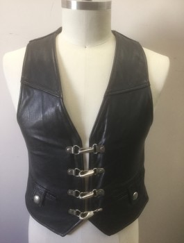 Mens, Leather Vest, BOY LONDON, Black, Silver, Leather, Metallic/Metal, Solid, L, Black Leather with 4 Large Silver Metal Lobster Clasp Closures at Front, 2 Welt Pockets with Large Silver Snap Closures, Club Wear/Fetish Wear