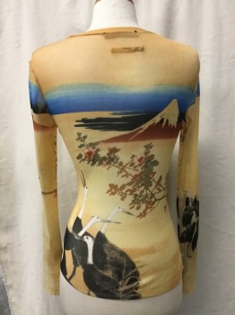 N/L, Yellow, Blue, Brown, Black, White, Polyester, Lycra, Novelty Pattern, Sheer Mesh Knit Top. Japanese Theme Print of Mount Fuji, Blossoms on Tree and Black & White Birds. Long Sleeves, Crew Neck