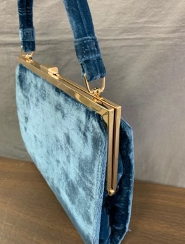 Womens, Purse, SUNSET + SPRING, Dk Blue, Polyester, Solid, Velour, Gold Clasp/Opening, Self Fabric Handle with Longer Strap Option