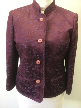 LINDA ALLARD E TRACY, Wine Red, Dusty Purple, Acetate, Wool, Floral, 2 Pockets, Stand Collar, 4 Buttons, Brocade,