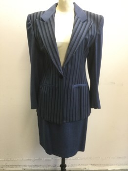 Womens, Suit, Jacket, N/L, Blue, Black, Dk Blue, Wool, Stripes, Color Blocking, B 32, Heather Blue Collar Attached, Stripe Body/Lapel, Heather Blue Sleeves, Single Breasted, Peaked Lapel, 2 Pockets, 1 Button