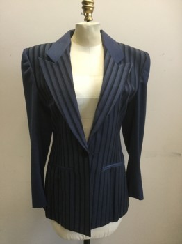 Womens, Suit, Jacket, N/L, Blue, Black, Dk Blue, Wool, Stripes, Color Blocking, B 32, Heather Blue Collar Attached, Stripe Body/Lapel, Heather Blue Sleeves, Single Breasted, Peaked Lapel, 2 Pockets, 1 Button