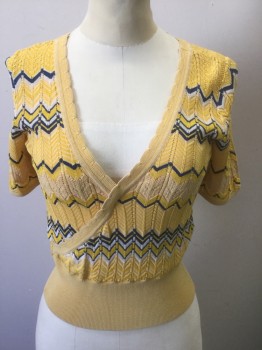 SANDRO, Sunflower Yellow, Lt Yellow, Navy Blue, Off White, Viscose, Polyamide, Chevron, Zig-Zag , Shades of Yellow, Navy and Off White Horizontal Zig Zag/Chevron, Ribbed Lightweight Knit, Short Sleeves, V-neck with Faux Wrapped Look, Light Yellow with Yellow Horizontal Stripes 3" Waistband and Scallopped Trim at Neckline
