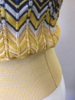 SANDRO, Sunflower Yellow, Lt Yellow, Navy Blue, Off White, Viscose, Polyamide, Chevron, Zig-Zag , Shades of Yellow, Navy and Off White Horizontal Zig Zag/Chevron, Ribbed Lightweight Knit, Short Sleeves, V-neck with Faux Wrapped Look, Light Yellow with Yellow Horizontal Stripes 3" Waistband and Scallopped Trim at Neckline