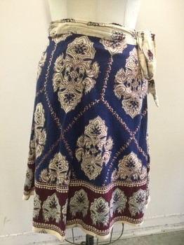 Womens, Skirt, Knee Length, N/L, Navy Blue, Cream, Maroon Red, Cotton, Floral, Size, One, 23-32, Wrap Skirt, India Block Print, 2 Belt Loops,