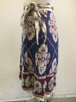 Womens, Skirt, Knee Length, N/L, Navy Blue, Cream, Maroon Red, Cotton, Floral, Size, One, 23-32, Wrap Skirt, India Block Print, 2 Belt Loops,