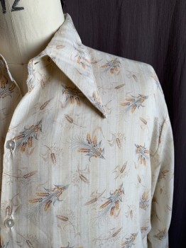 PHIL MCKNIGHT, Off White, Brown, Gray, Cotton, Leaves/Vines , 1970's, Hay Leaves Pattern, Button Front, Pointed Collar Attached, Long Sleeves, Button Cuff