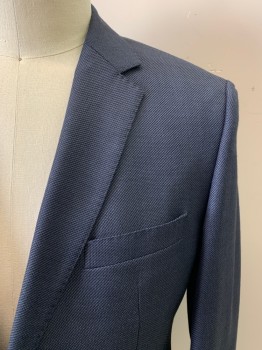 BOSS, Navy Blue, Black, Wool, Viscose, 2 Color Weave, Navy and Black, Single Breasted, 2 Buttons, Notched Lapel, 3 Pockets, 4 Button Cuff