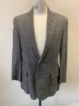 BROOKS BROTHERS, Dk Gray, Navy Blue, Lt Gray, Lt Pink, Linen, Cotton, Glen Plaid, Button Front, 2 Buttons, Notched Lapel, 3 Pockets, 4 Button Sleeves, Double Vent