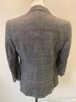 BROOKS BROTHERS, Dk Gray, Navy Blue, Lt Gray, Lt Pink, Linen, Cotton, Glen Plaid, Button Front, 2 Buttons, Notched Lapel, 3 Pockets, 4 Button Sleeves, Double Vent