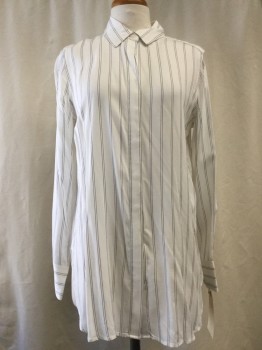 BANANA REPUBLIC, White, Black, Rayon, Viscose, Stripes - Vertical , Button Front, Collar Attached, Long Sleeves,