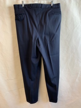 JOSEPH FEISS, Navy Blue, Wool, Stripes, Solid, SUIT PANTS, Pleated Front, Zip Fly, Button Closure, 4 Pockets, Belt Loops, Cuffed