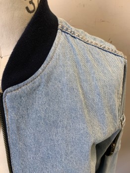 Mens, Jean Jacket, ORIGINAL USE, Denim Blue, Navy Blue, Cotton, Color Blocking, Faded, S, Zip Front, Flat Shawl Collar, 2 Front Welt Pockets, Patch Pocket with 3 Layers and Zipper, Ribbed Collar Cuffs and Waistband **Small Red Stain on Right Side