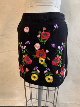 Womens, Skirt, Mini, TOPSHOP, Black, Multi-color, Cotton, Solid, Floral, 4, Basketweave, Floral Embroidery, 1.5" Waistband, 4 Pockets