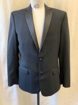 MOSS BROS, Black, Wool, Polyester, Tux Blazer, Notched Peaked Lapel, Satin Lapel, Single Breasted, Button Front, 2 Buttons , 3 Pockets