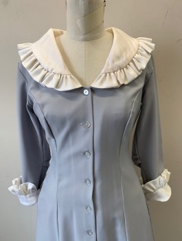HOUSE OF UNIFORMS, Gray, Off White, Polyester, Solid, Stretch Twill, Long Sleeves, Button Front, White Round Collar with Self Ruffles, White Cuffs with Ruffles, A-Line, 1970's