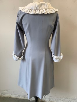 HOUSE OF UNIFORMS, Gray, Off White, Polyester, Solid, Stretch Twill, Long Sleeves, Button Front, White Round Collar with Self Ruffles, White Cuffs with Ruffles, A-Line, 1970's