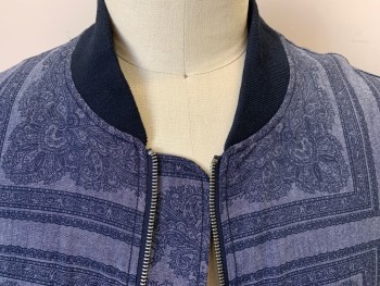 Mens, Casual Jacket, SEAN JOHN, Steel Blue, Navy Blue, Cotton, Paisley/Swirls, Geometric, 2XL, Heather Light Steel Blue with Navy Paisley in Ornate Rectangle Frame, Ribbed Knit Collar Attached, Long Sleeves Cuffs (1 Pocket & Zipper on Left Arm) & Hemm Zip Front, 2 Pockets, Solid Navy Lining