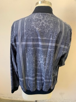 Mens, Casual Jacket, SEAN JOHN, Steel Blue, Navy Blue, Cotton, Paisley/Swirls, Geometric, 2XL, Heather Light Steel Blue with Navy Paisley in Ornate Rectangle Frame, Ribbed Knit Collar Attached, Long Sleeves Cuffs (1 Pocket & Zipper on Left Arm) & Hemm Zip Front, 2 Pockets, Solid Navy Lining