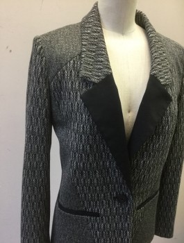 Womens, Blazer, ICB, Gray, Black, Rayon, Polyester, Speckled, Abstract , Sz.4, Speckled Static Like Material in Geometric Angled Panels, 1 Button, Notched Lapel, Solid Black Panel on Bottom of Lapel, 2 Welt Pockets with Black Trim