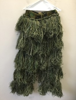 Unisex, Ghillie Suit, Bottom, N/L, Olive Green, Dk Olive Grn, Brown, Beige, Nylon, Cotton, Camouflage, O/S, Camo Patterned Mesh/Net, Elastic and Drawstring Waist, Covered in String Fringe in Shades of Olive/Brown/Beige, Hunting Tactical Gear