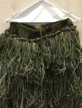 Unisex, Ghillie Suit, Bottom, N/L, Olive Green, Dk Olive Grn, Brown, Beige, Nylon, Cotton, Camouflage, O/S, Camo Patterned Mesh/Net, Elastic and Drawstring Waist, Covered in String Fringe in Shades of Olive/Brown/Beige, Hunting Tactical Gear