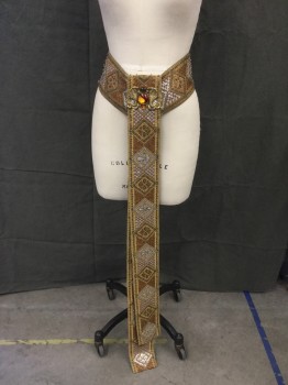 MTO, Gold, Silver, Orange, Copper Metallic, Silk, Sequins, Diamonds, Diamond Pattern Silk with Silver/Copper Sequins and Beads, 2 Long Flaps in Front, Gold Asps with Multiple Inlaid Stones, Ornate Gold Back Trim with Hoops for Lace Up Back, Lace is Gold Leather with Gold Weighted Aglets