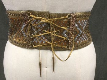 Unisex, Historical Fiction Belt, MTO, Gold, Silver, Orange, Copper Metallic, Silk, Sequins, Diamonds, S, Diamond Pattern Silk with Silver/Copper Sequins and Beads, 2 Long Flaps in Front, Gold Asps with Multiple Inlaid Stones, Ornate Gold Back Trim with Hoops for Lace Up Back, Lace is Gold Leather with Gold Weighted Aglets