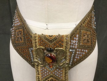 MTO, Gold, Silver, Orange, Copper Metallic, Silk, Sequins, Diamonds, Diamond Pattern Silk with Silver/Copper Sequins and Beads, 2 Long Flaps in Front, Gold Asps with Multiple Inlaid Stones, Ornate Gold Back Trim with Hoops for Lace Up Back, Lace is Gold Leather with Gold Weighted Aglets