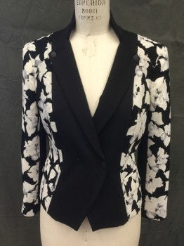 Womens, Blazer, RACHEL ROY, Black, White, Polyester, Floral, 12, Black/White Floral Print, Solid Black Center, Double Breasted, Snap Closure, Solid Black Mandarin Collar, Notched Lapel with Snap Back, 2 Faux Flap Pockets, Black Undersleeve Panel