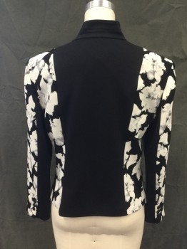 RACHEL ROY, Black, White, Polyester, Floral, Black/White Floral Print, Solid Black Center, Double Breasted, Snap Closure, Solid Black Mandarin Collar, Notched Lapel with Snap Back, 2 Faux Flap Pockets, Black Undersleeve Panel