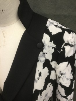 RACHEL ROY, Black, White, Polyester, Floral, Black/White Floral Print, Solid Black Center, Double Breasted, Snap Closure, Solid Black Mandarin Collar, Notched Lapel with Snap Back, 2 Faux Flap Pockets, Black Undersleeve Panel
