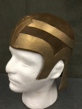 Unisex, Historical Fiction Headpiece, MTO, Dk Brown, Gold, Fur Felt, Leather, Color Blocking, O/S, Brown Fur Felt Molded Fitted Helmet with Gold Leather Panels, Rubber Asp Patch Front