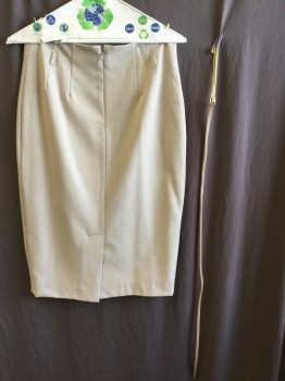 Womens, Skirt, Below Knee, AMANDA & CHELSEA, Oatmeal Brown, Polyester, Viscose, Heathered, 2, No Waist Band, Solid Tan Lining,  Belt Hoops, Zip Back, Slit Back Center Hem, Thin Light Brown Leather with Gold Long Rectangle Buckle