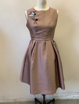 Womens, Cocktail Dress, MACY NOBLE, Lt Brown, Gray, Polyester, Silk, Solid, Floral, B:34, S, W:27, Taffeta, Sleeveless, Large Grayscale Flower Appliques at Shoulder and Opposite Hip, Round Neck,  Princess Seams, Large Double Pleats at Waist, A-Line, Knee Length