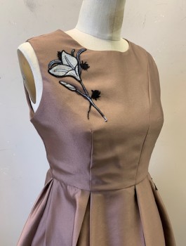 MACY NOBLE, Lt Brown, Gray, Polyester, Silk, Solid, Floral, Taffeta, Sleeveless, Large Grayscale Flower Appliques at Shoulder and Opposite Hip, Round Neck,  Princess Seams, Large Double Pleats at Waist, A-Line, Knee Length