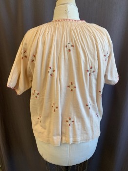 Womens, Top, NL, Lt Beige, White, Red, Green, Cotton, Abstract , 2XL, V-neck, Pullover, Short Sleeves, Red, Green, & White Embroidery