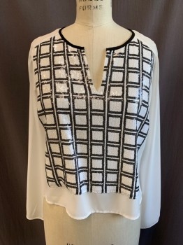 Womens, Blouse, 1. STATE, White, Black, Polyester, Grid , S, White Chiffon, White/Black Sequins in Grid Pattern Front, V-neck, Long Sleeves, Solid Black Neck Trim