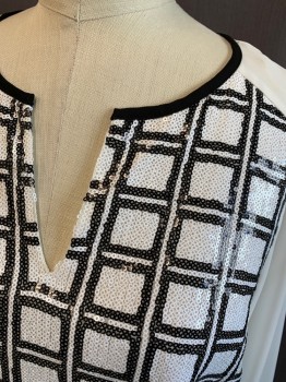Womens, Blouse, 1. STATE, White, Black, Polyester, Grid , S, White Chiffon, White/Black Sequins in Grid Pattern Front, V-neck, Long Sleeves, Solid Black Neck Trim