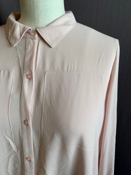 Womens, Blouse, ALFANI, Ballet Pink, Polyester, Solid, L, Button Front, Collar Attached, Sheer, Square Chest Panels, Button Cuff