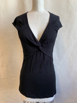 Womens, Top, BCBG, Black, Rayon, Spandex, Solid, XS, Knot Front, V-neck, Gathered at Shoulders